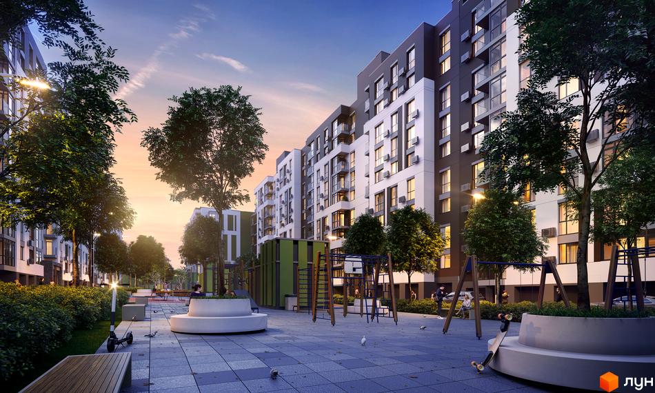 Житловий комплекс Forest Home з фасадами білого та темного кольорів, дитячим майданчиком та зонами відпочинку на прибудинковій території.