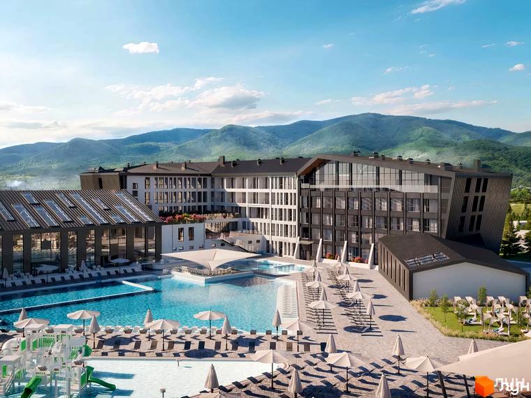 Апарт-готель Rikka KHUST thermal resort з басейном та гірським краєвидом. На території комплексу розташовані шезлонги та парасольки для відпочинку.