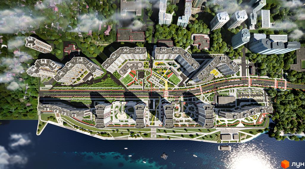 Житловий комплекс Русанівська Гавань: вид зверху на забудову з багатосекційних будинків біля води та внутрішніми дворами.