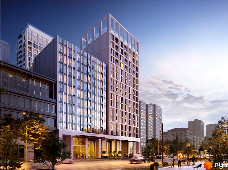 Житловий комплекс Montreal House з фасадами з вікон та бетону, розташований біля дороги з деревами та лавками.