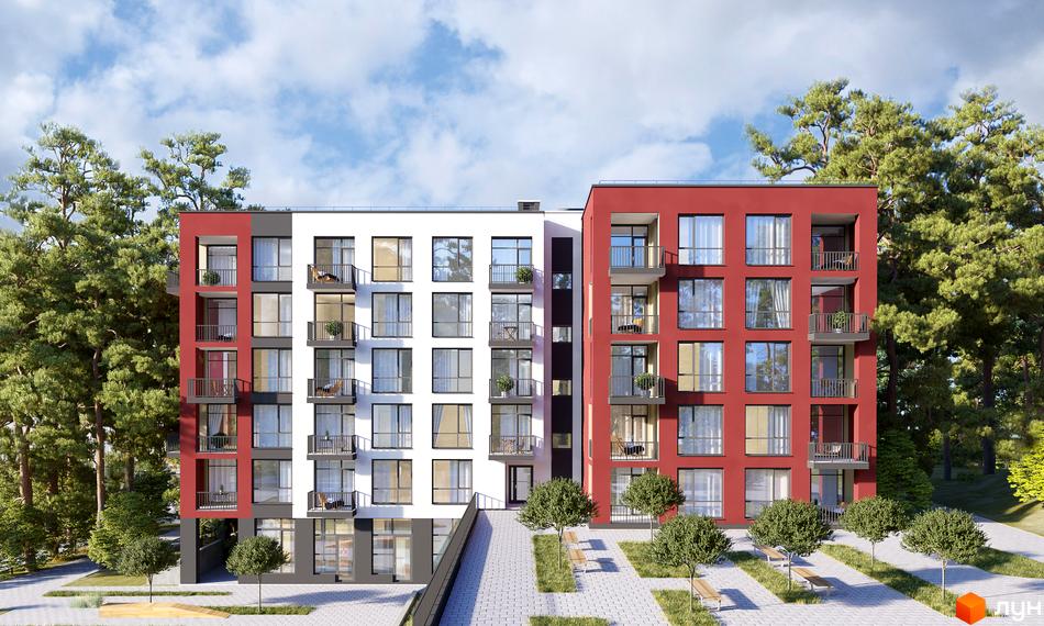 Будинок Житлового комплексу Грінвуд-3 з білим та червоним фасадом і балконами. Навколо високі дерева, а перед ним брукована територія з лавками та кущами.