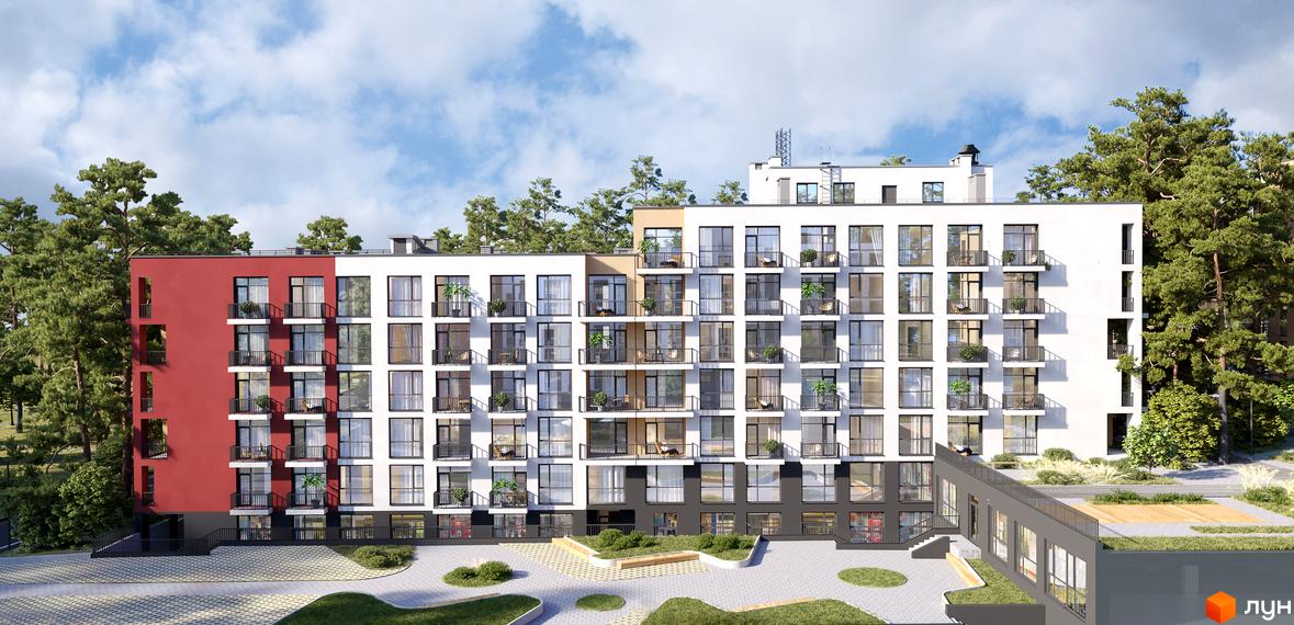 Житловий комплекс Грінвуд-3: багатоповерховий будинок у біло-червоних тонах з балконами, оточений зеленими деревами та доглянутою територією.