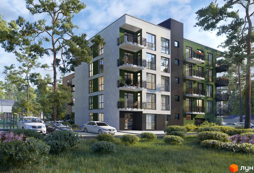 Житловий комплекс Грінвуд-4 – це сучасна новобудова з балконами та великими вікнами, оточена зеленню та з парковкою для авто.