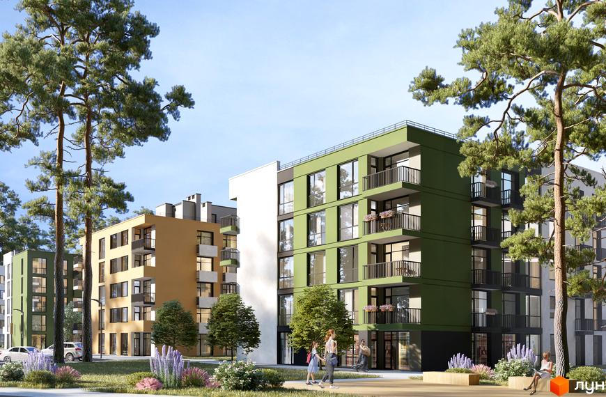 Зображення сторінки житлового комплексу Грінвуд-4. Багатоповерхові будинки з балконами та великими вікнами, облагороджена прибудинкова територія з деревами та клумбами.