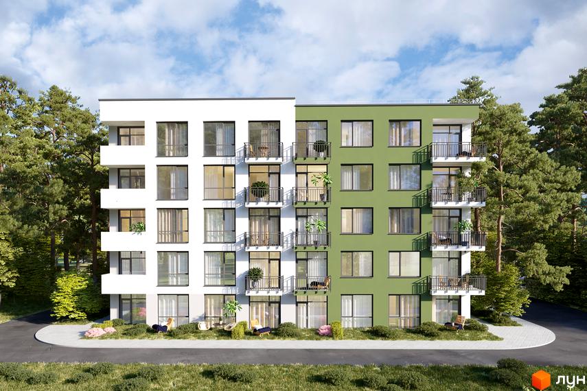 Житловий комплекс Грінвуд-4 - це сучасна новобудова з біло-зеленим фасадом та балконами, оточена деревами. На прибудинковій території розташовані зони відпочинку з меблями.