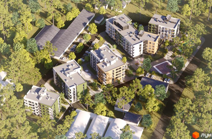 Вид зверху на будівлі ЖК Грінвуд-4 з різною поверховістю та прибудинковою територією з деревами, парковкою та спортивним майданчиком.