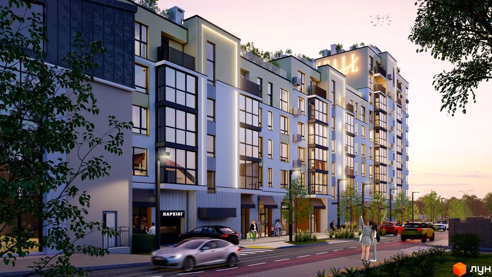 Багатоповерховий будинок Житлового комплексу Skyfall з великими вікнами та світлим фасадом. На передньому плані вулиця з автомобілями, пішоходами та деревами.