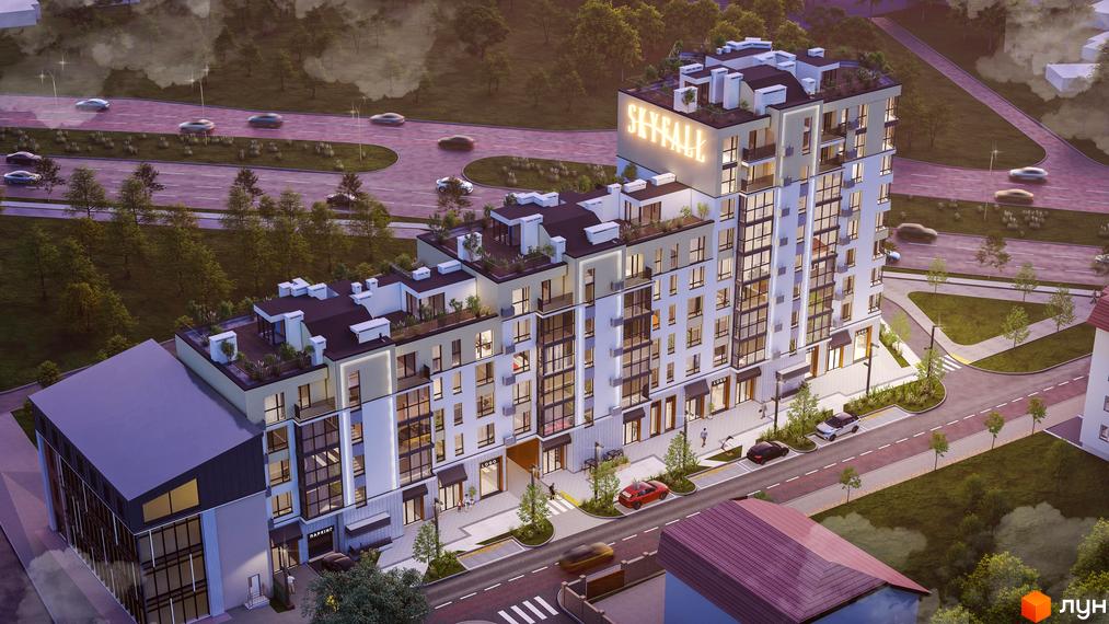 Багатоповерховий житловий комплекс Skyfall з терасами та великими вікнами. Навколо комплексу дорога, зелені насадження та пішохідні зони.