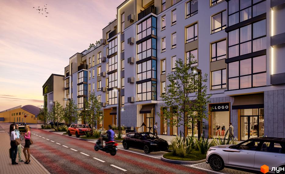 Житловий комплекс Skyfall: багатоповерховий будинок зі світлими фасадами, великими вікнами та комерційними площами на першому поверсі. Навколо дорога, дерева та припарковані авто.