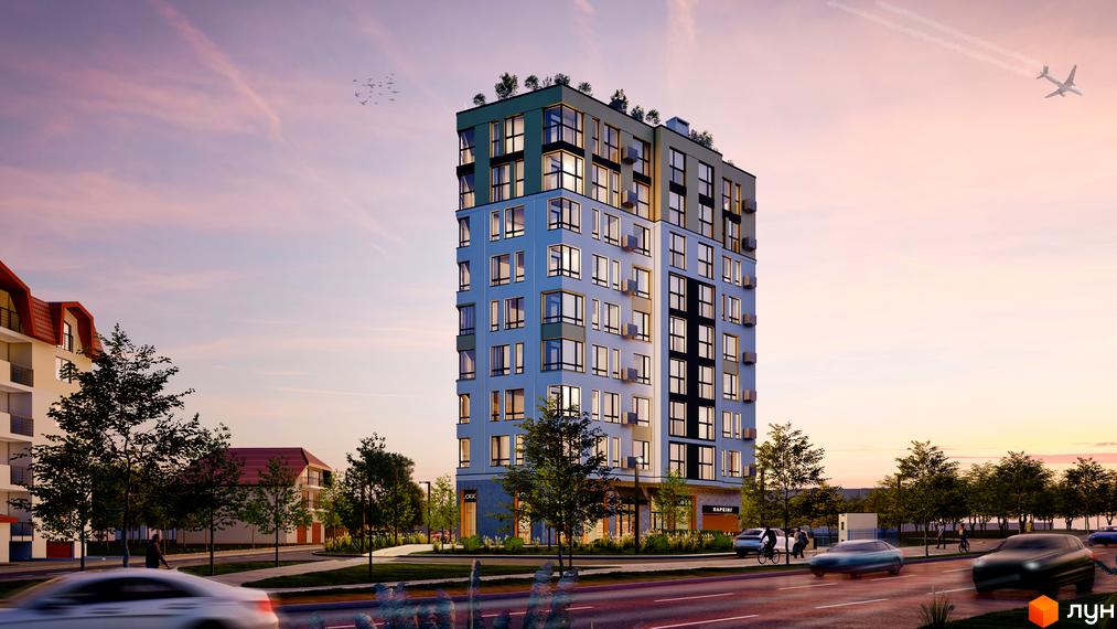 Житловий комплекс Skyfall з багатоповерховою будівлею та прибудинковою територією з деревами та дорогою.