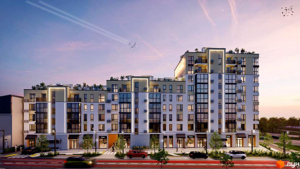 Житловий комплекс Skyfall – багатоповерхова будівля зі світлим фасадом та магазинами на першому поверсі. Навколо дорога з автомобілями та зелені насадження.