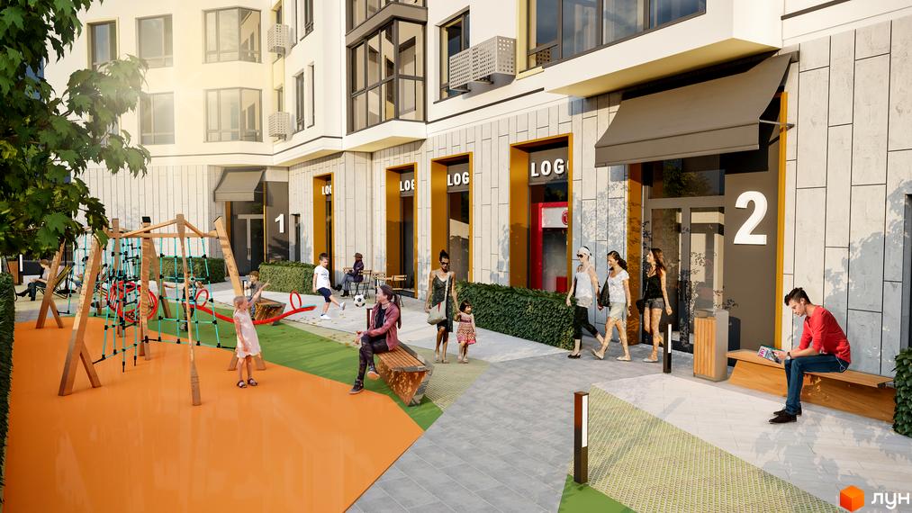 Фасад Житлового комплексу Skyfall світлий, з комерційними приміщеннями. Прибудинкова територія має дитячий майданчик та зони відпочинку.