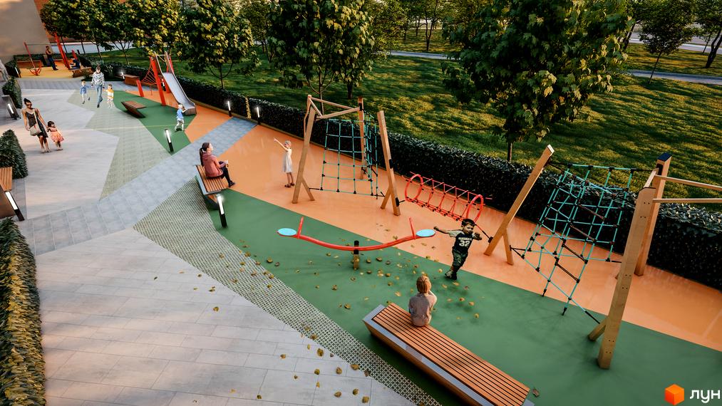 Ігровий майданчик Житлового комплексу Skyfall з дітьми, що граються на гірці, сітках для лазіння та гойдалці-балансирі.