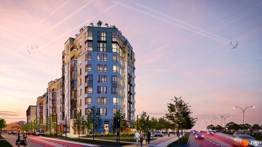 Житловий комплекс Skyfall з багатоповерховими будинками та прибудинковою територією з деревами та дорогою. На зображенні видно літак у небі та пташок.