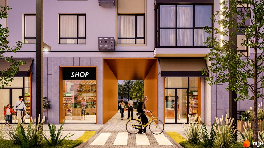 Зовнішній вигляд новобудови ЖК Skyfall з магазином та прохожими. Прибудинкова територія з деревами та зеленню.