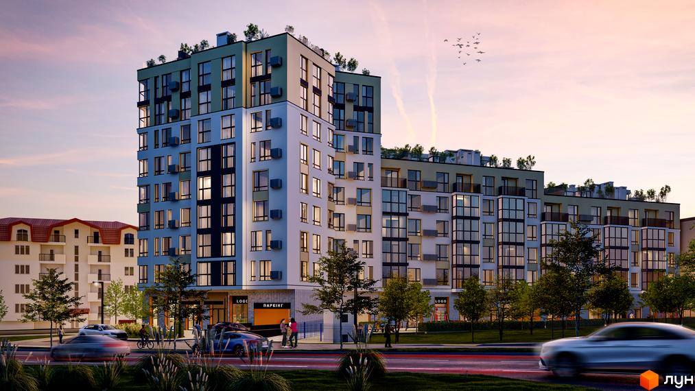 Багатоповерховий Житловий комплекс Skyfall з фасадами світлих відтінків та панорамними вікнами. Навколо будинку зелені насадження, дорога з автомобілями та пішохідна зона.