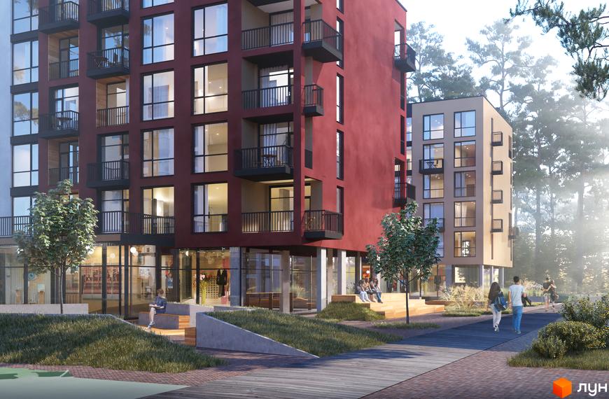 Зовнішній вигляд житлового комплексу Greenwood-3 з червоною та бежевою фасадною частиною, балконами та великими вікнами. Прибудинкова територія з деревами, лавками та пішохідною доріжкою.