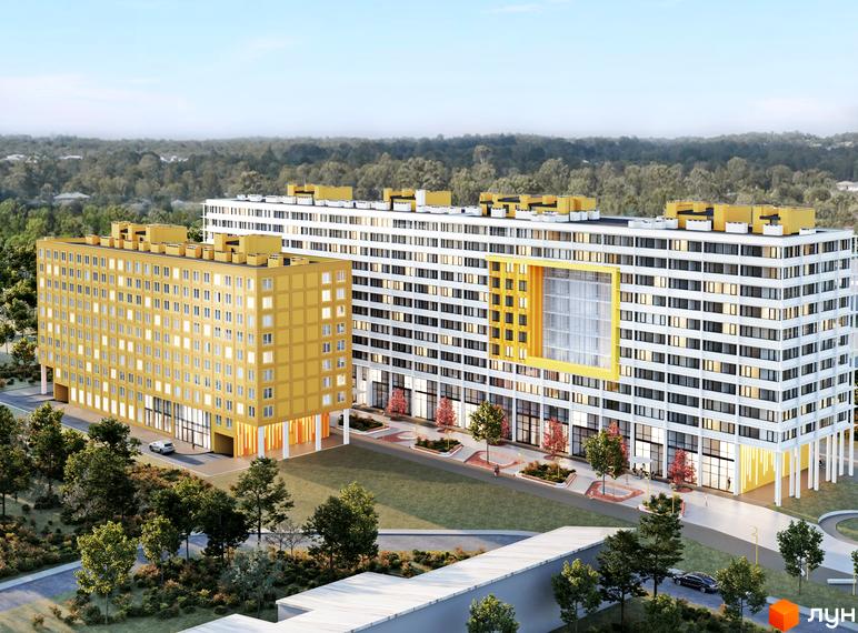 Truskavetska Apart Hall - новобудова з жовтою та білою секціями, великим панорамним вікном та доглянутою прибудинковою територією з деревами та зонами відпочинку.
