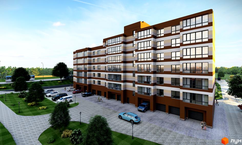 Багатоповерховий будинок ЖК Мрія Золочів з парковкою та зеленими насадженнями. На території комплексу є доріжки для пішоходів та дерева.