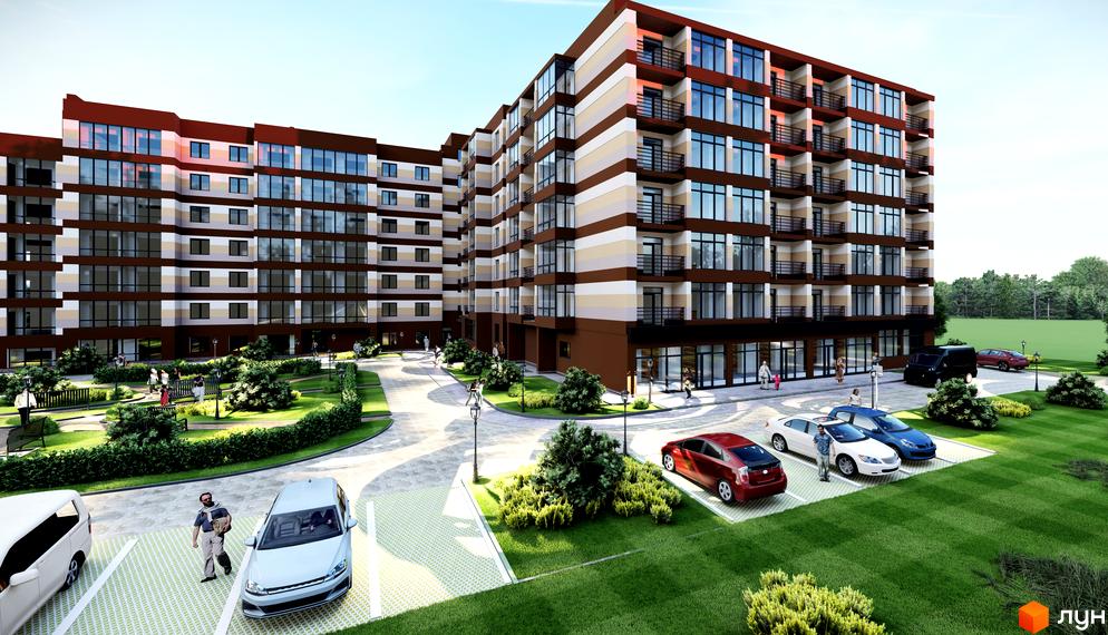 Багатоповерховий будинок Житлового комплексу Мрія Золочів з коричнево-бежевим смугастим фасадом. Двір облаштований зеленими зонами та парковкою.