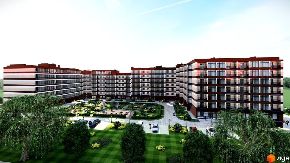 Зображення житлового комплексу Мрія Золочів. Багатоквартирний будинок з терасами та великою прибудинковою територією з дитячим майданчиком та паркуванням.