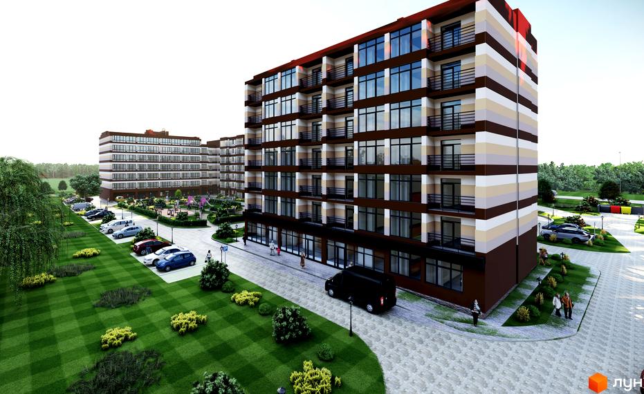 Житловий комплекс Мрія Золочів: багатоповерховий будинок з коричнево-бежевим фасадом та великими вікнами. Прибудинкова територія з парковкою та газоном.