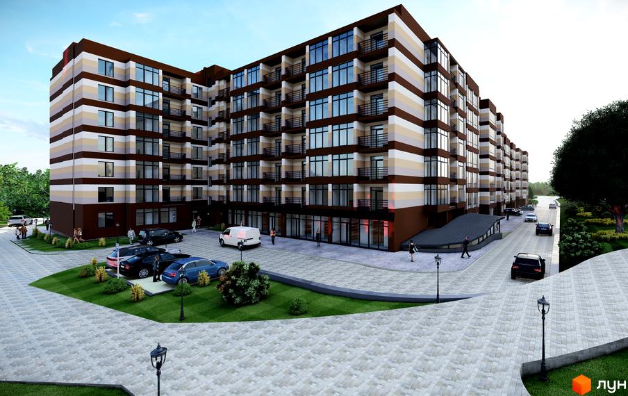 Житловий комплекс Мрія Золочів. Багатоповерховий будинок з великими вікнами та балконами. На території комплексу є парковка та зелені насадження.