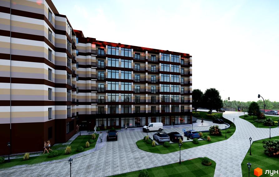 Житловий комплекс Мрія Золочів: багатоповерховий будинок з фасадом у смугах, балконами та великими вікнами. Прибудинкова територія має парковку, зелені газони та пішохідні доріжки.