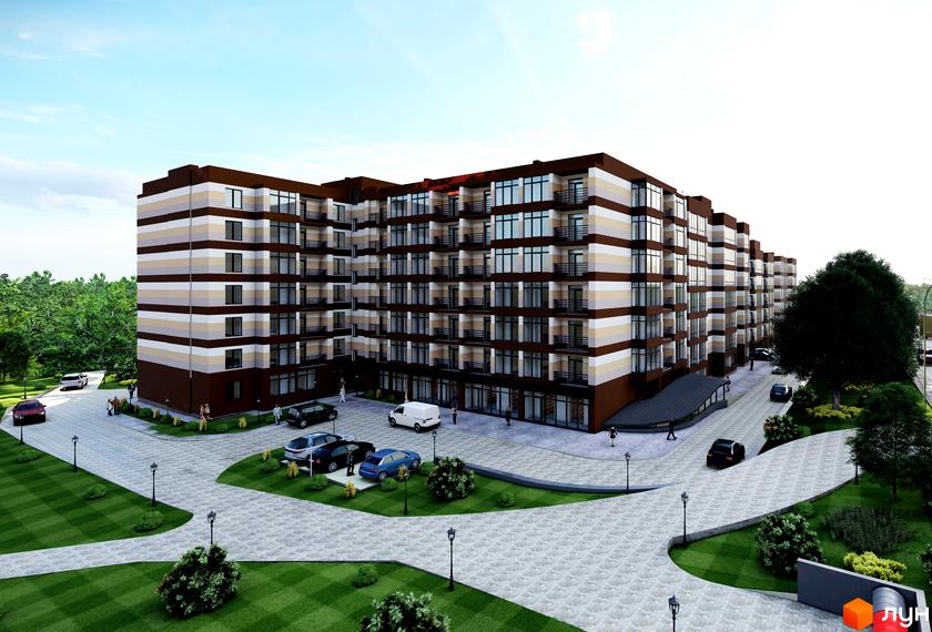 Зображення житлового комплексу Мрія Золочів. Багатоповерховий будинок з балконами та великими вікнами. На прибудинковій території є парковка, зелені газони та ліхтарі.