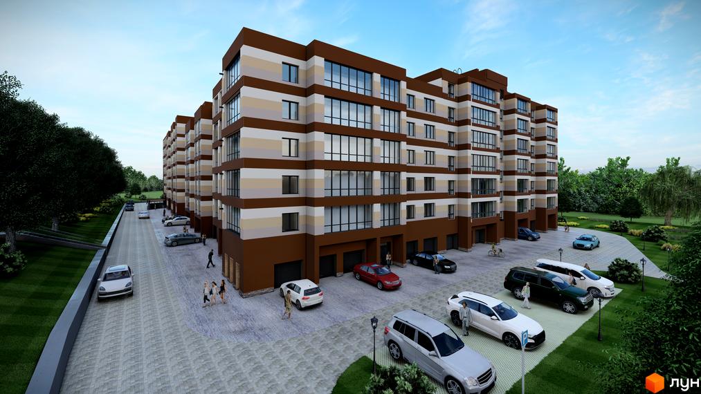 Житловий комплекс Мрія Золочів з багатоповерховими будинками коричневого та бежевого кольорів. Прибудинкова територія має парковку для автомобілів та зелені насадження.