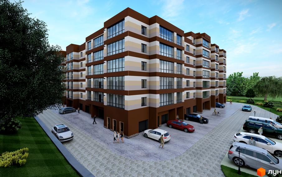 Багатоповерховий будинок з великими вікнами та парковкою. На території ЖК Мрія Золочів є зелені насадження та місця для відпочинку.