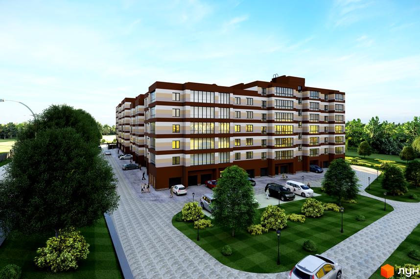 Житловий комплекс Мрія Золочів з коричневим та бежевим фасадом, великими вікнами. Прибудинкова територія має зелені газони, дерева та парковку.