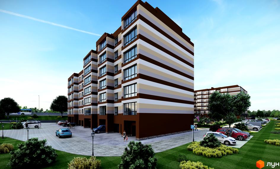 Житловий комплекс Мрія Золочів: багатоповерховий будинок з фасадом у горизонтальну смужку коричневих та світлих відтінків, оточений парковкою та зеленими насадженнями.