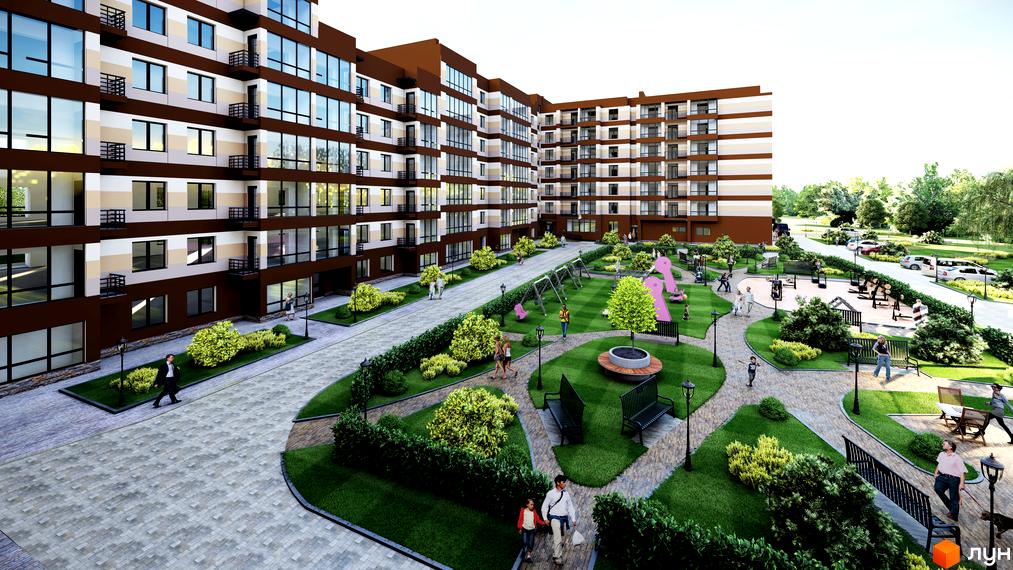 Житловий комплекс Мрія Золочів: будинки з коричнево-бежевими фасадами. Двір з газонами, доріжками та дитячим майданчиком.