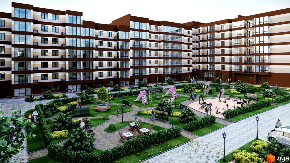 Житловий комплекс Мрія Золочів: багатоповерховий будинок з коричнево-бежевим фасадом та великими вікнами. У дворі зелені насадження, дитячий та спортивний майданчики.