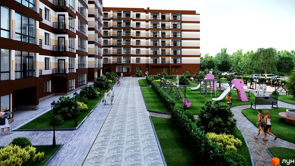 Житловий комплекс Мрія Золочів. Багатоповерховий будинок з балконами та великими вікнами. На території є дитячий майданчик, зелені насадження та доріжки для прогулянок.