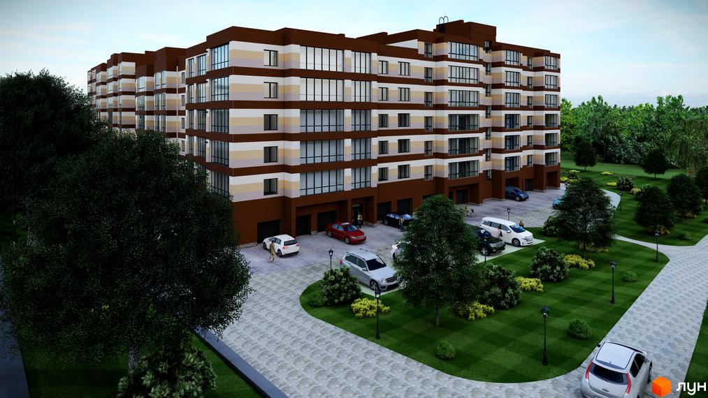 Житловий комплекс Мрія Золочів. Багатоповерховий будинок з коричневим фасадом та великими вікнами. На прибудинковій території є парковка, зелені газони та дерева.