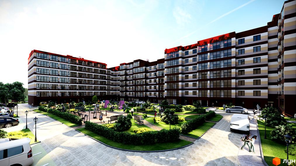 Житловий комплекс Мрія Золочів. Багатоповерхові будинки з панорамними вікнами та кольоровими фасадами. На прибудинковій території розташовані дитячі майданчики, зони відпочинку та спортивні тренажери.