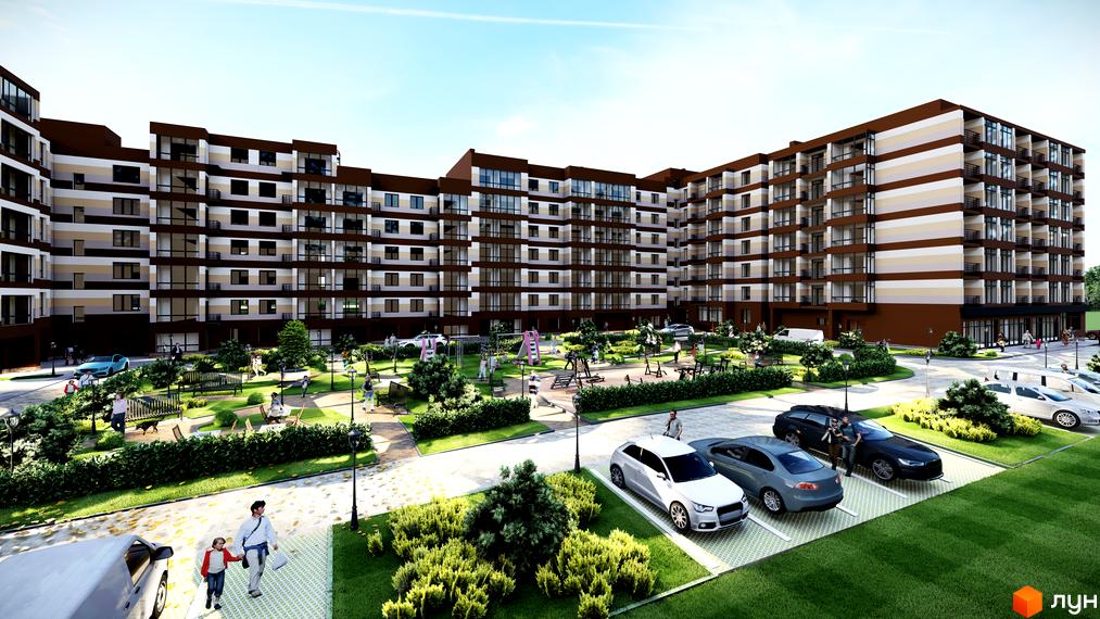 Житловий комплекс Мрія Золочів з сучасним дизайном фасаду. На території комплексу є дитячий майданчик, зони відпочинку та парковка для автомобілів.