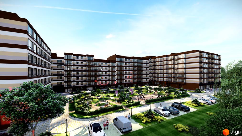 Житловий комплекс Мрія Золочів: багатоповерхові будинки з фасадами у коричневих та світлих горизонтальних смугах. Внутрішній двір облаштований дитячим майданчиком та парковкою.