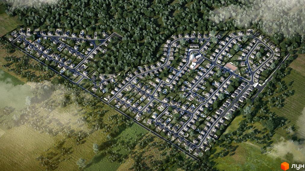 Котеджне містечко КМ VILLAGGO. Аерофотозйомка житлового комплексу з багатьма будинками та зеленими насадженнями.
