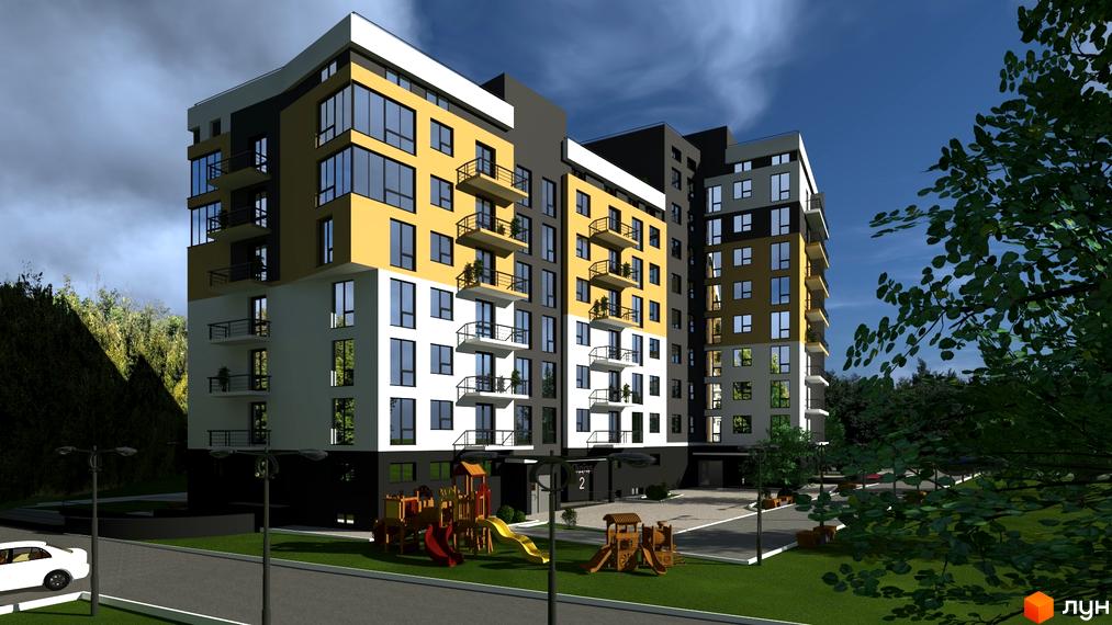 Зображення фасаду та прибудинкової території Житлового комплексу Зелені Пагорби. На території дитячий майданчик та зелені насадження.