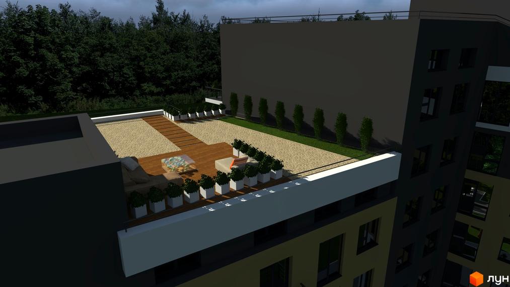 Зображення будинку в Житловому комплексі Зелені Пагорби з терасою на даху. На терасі розташовані меблі та рослини у вазонах.