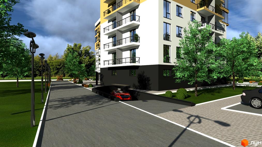 Зображення фасаду та прибудинкової території Житлового комплексу Зелені Пагорби. Вигляд на в'їзд до підземного паркінгу та зелені насадження.