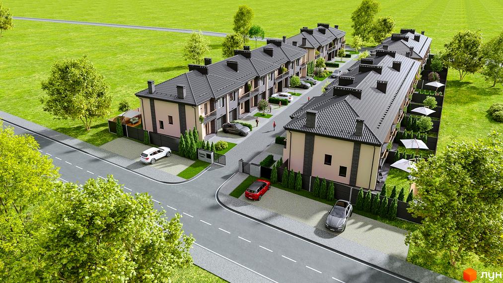 Таунхауси Family Town з сірими дахами та світлими фасадами, розташовані на доглянутій прибудинковій території з зеленими насадженнями та парковкою.