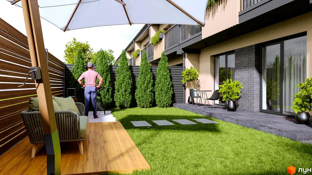 Таунхауси Family Town з охайним двориком та зоною відпочинку. Зелений газон, дерева та сучасні будинки створюють затишну атмосферу.