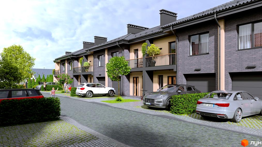 Таунхауси Family Town з сірої цегли та бежевими фасадами, з балконами та гаражами, розташовані на вимощеній бруківкою території з кущами та деревами.