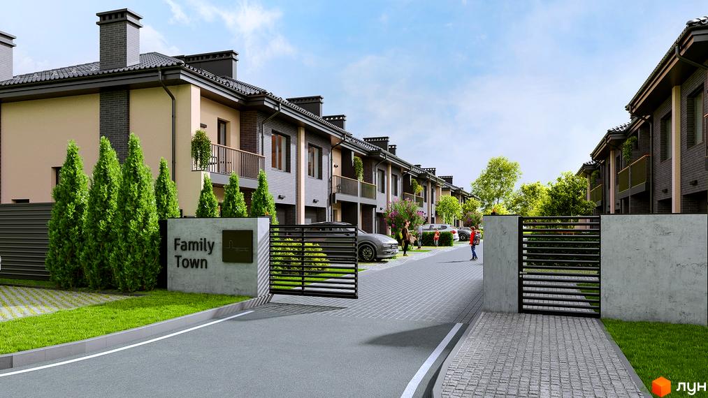 Таунхауси Family Town з цегляним фасадом та балконами, огороджена територія з доглянутим газоном та воротами.
