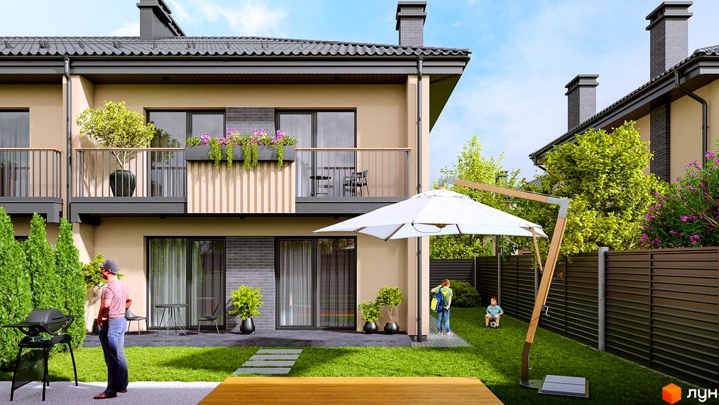 Таунхауси Family Town з балконами та квітами на фасаді. На прибудинковій території зелений газон, парасолька від сонця та діти граються.