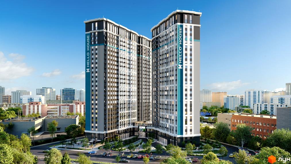 Зображення фасаду Житлового комплексу Hello House. Високий будинок з великою кількістю вікон та озелененою прибудинковою територією.